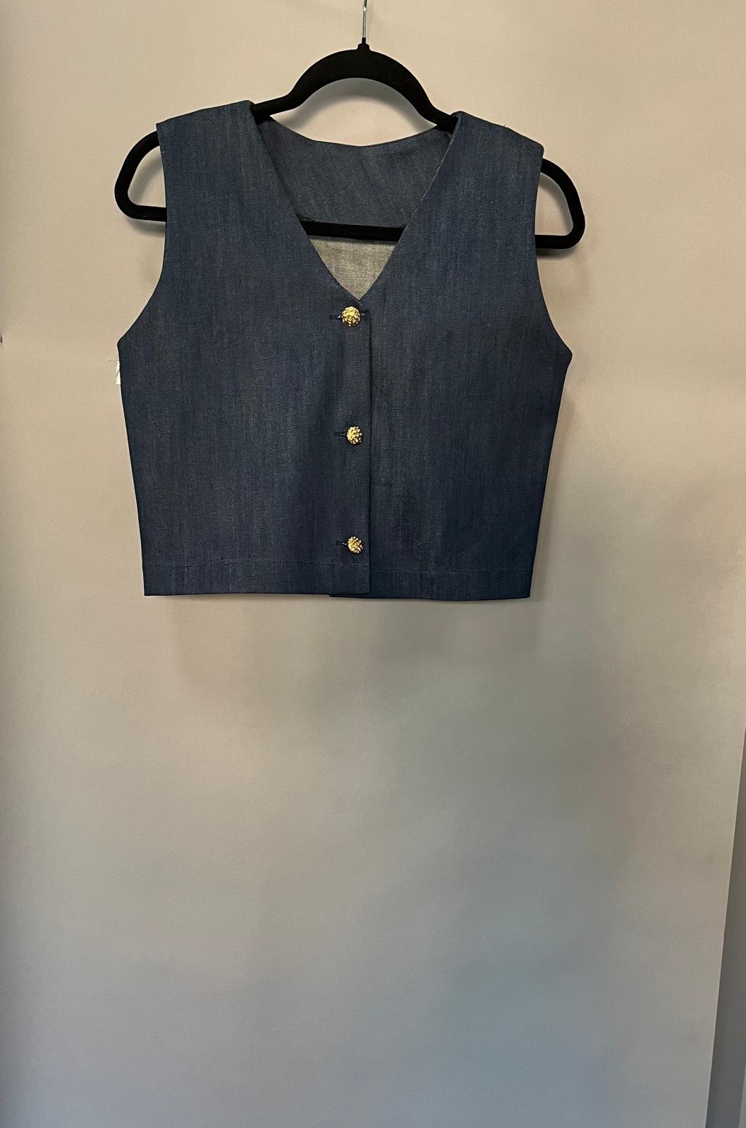 Compleu de denim wide leg cu vesta in V