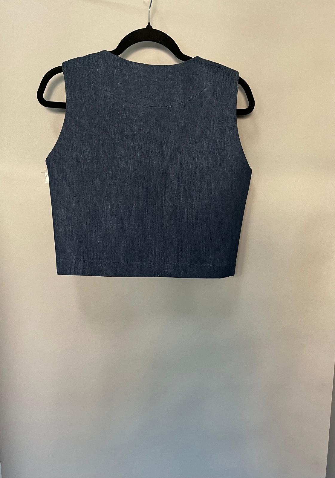 Compleu de denim wide leg cu vesta in V