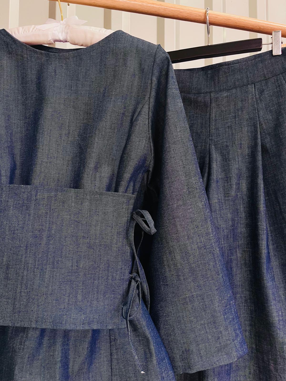 Compleu denim de bumbac wide leg din 3 piese