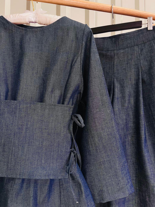 Compleu denim de bumbac wide leg din 3 piese