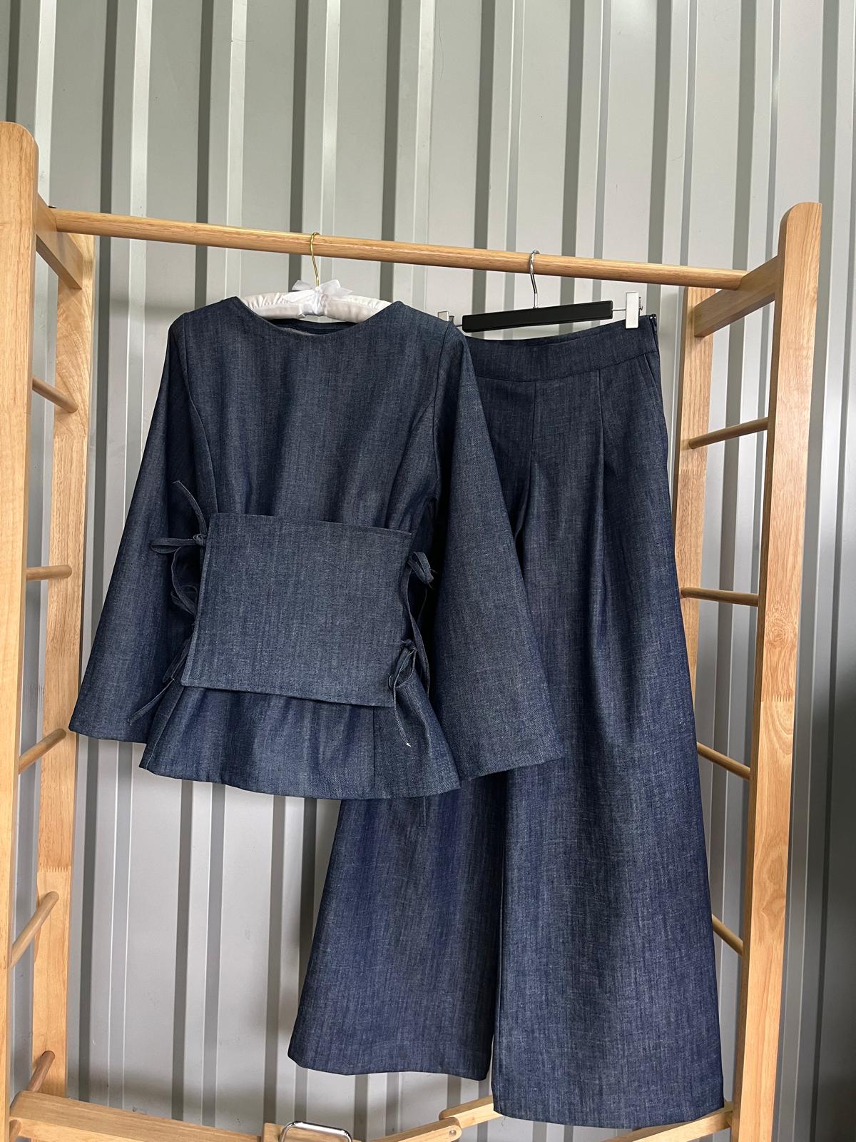 Compleu denim de bumbac wide leg din 3 piese