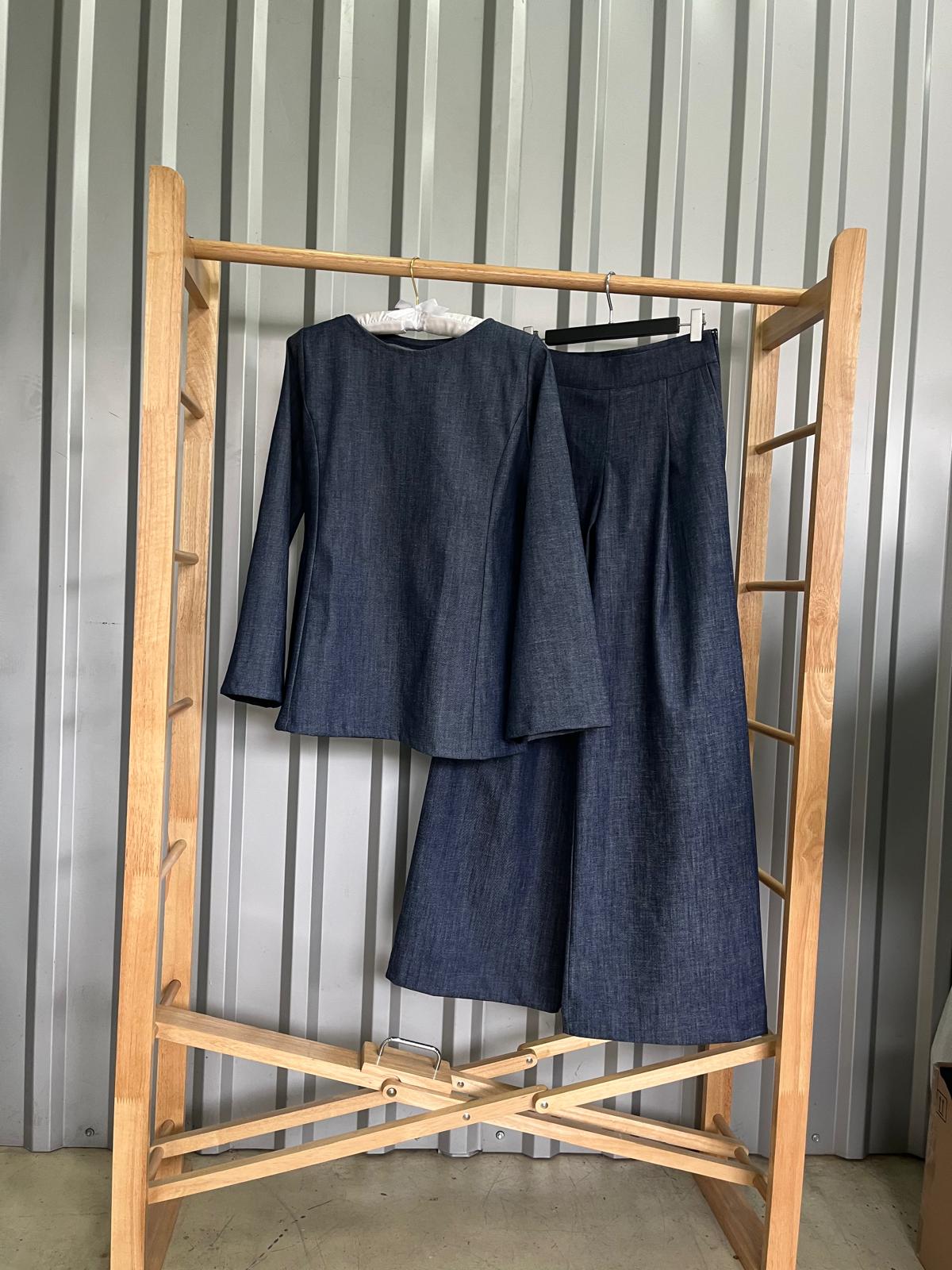 Compleu denim de bumbac wide leg din 3 piese