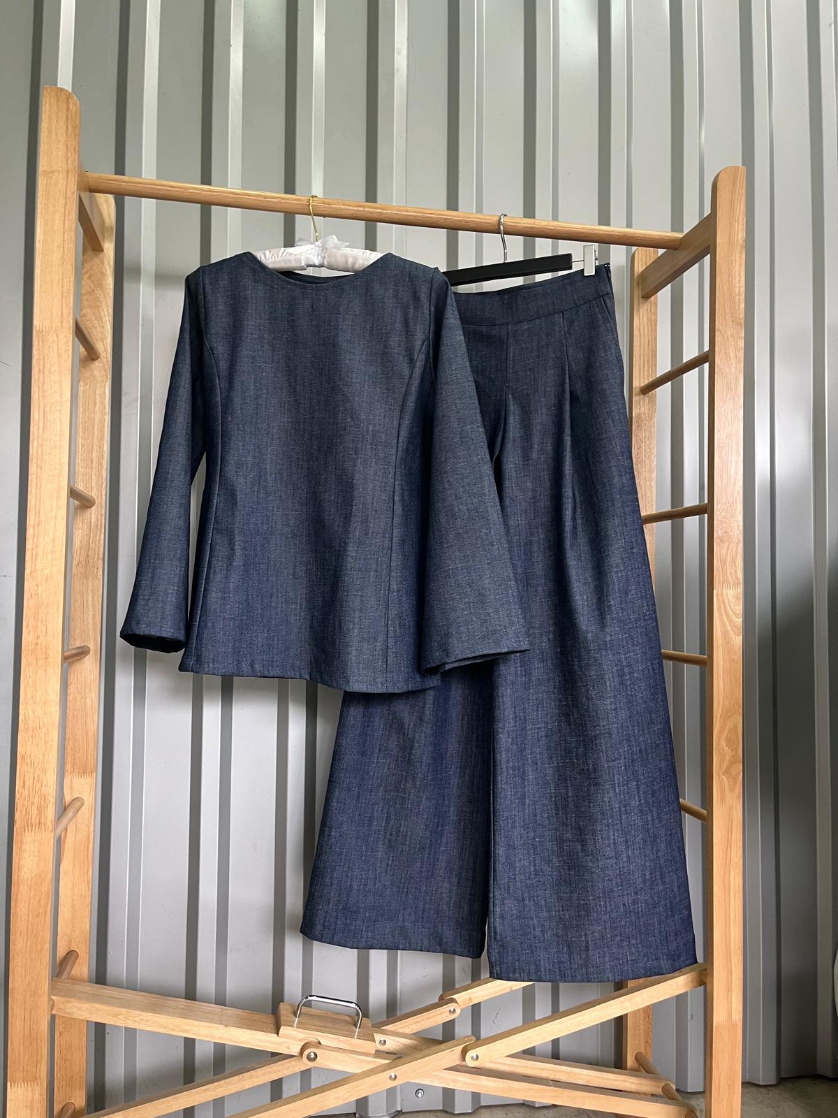 Compleu denim de bumbac wide leg din 3 piese